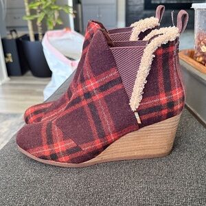 Toms Burgundy and Red Plaid Wedge Ankle Boots